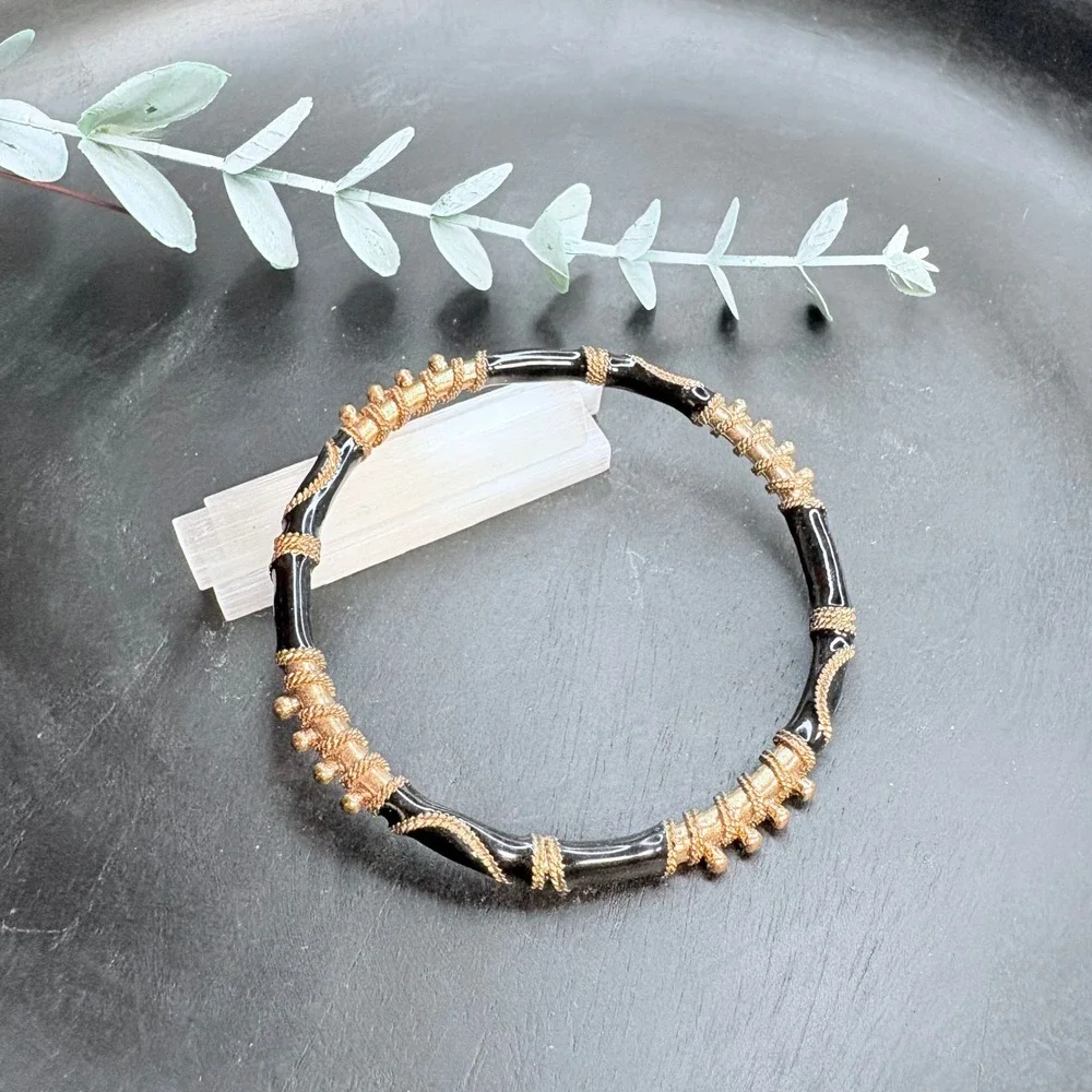 Vintage Enamel Bangle | Black Gold Bracelet | Minimalist Stackable